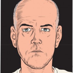 Illustration of a light-skinned man with a bald head in close profile against a dark background