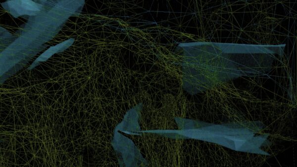 A digitally produced image of a yellow mapping pattern over grey cliff-like objects against a black background