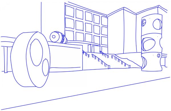 Blue line drawing of the MCA building with two large objects on the front plaza and a concrete mixer on a pedestal near the stairs
