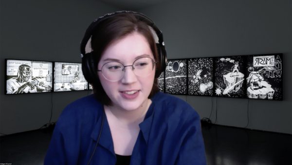 A person in headphones in front of a horizontal row of corresponding images, like a comic strip