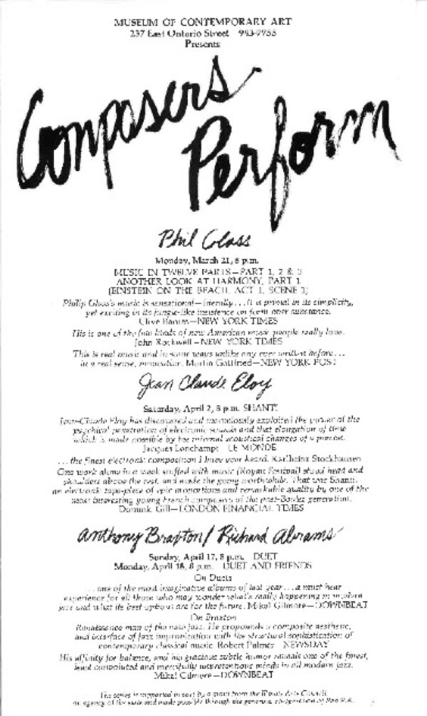poster for Composers Perform event at the MCA featuring Phil Glass, Jean-Claude Éloy, and Anthony Braxton and Richard Abrams