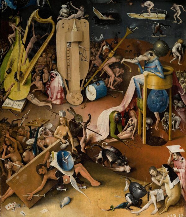 Portion of Hieronymus Bosch's depiction of one of the last judgement, featuring a dense, heavily detailed hellscape