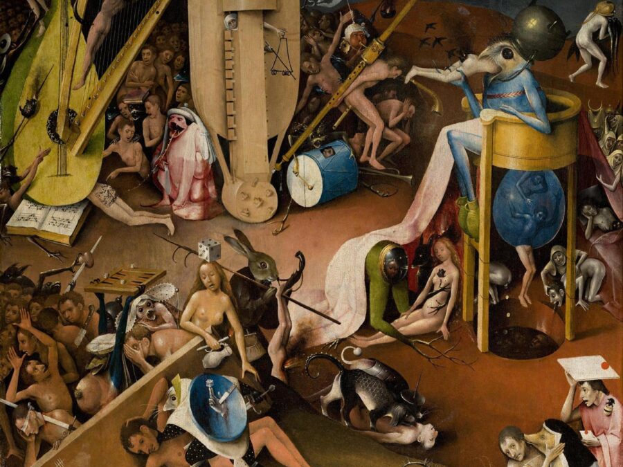 Portion of Hieronymus Bosch's depiction of one of the last judgement, featuring a dense, heavily detailed hellscape