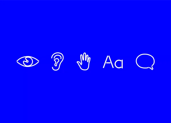 White icons on a blue background, in order from left to right, eye, ear, hand, the letter A in upper and lowercase, a speech bubble