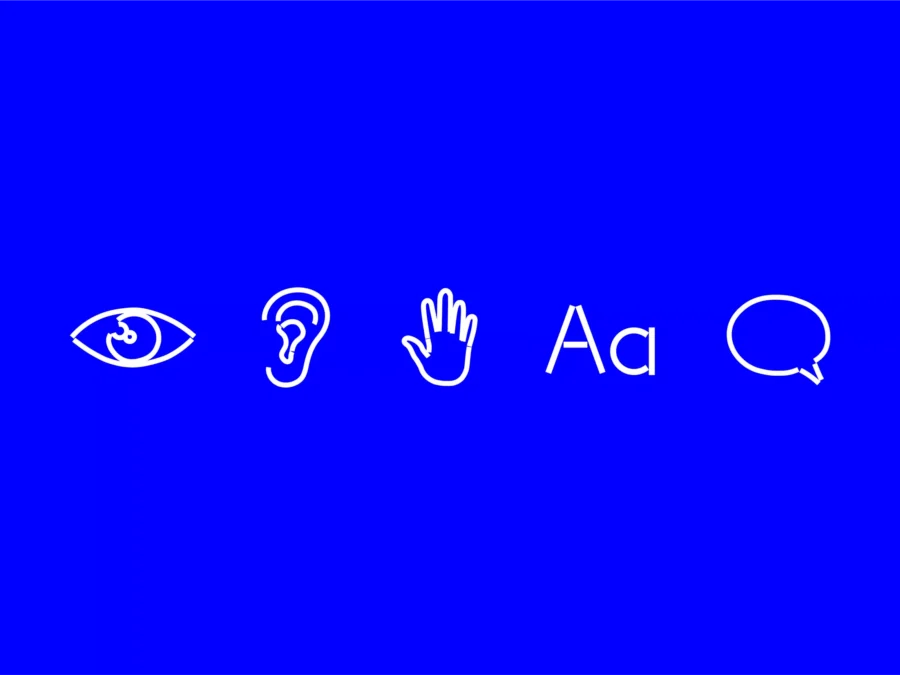 White icons on a blue background, in order from left to right, eye, ear, hand, the letter A in upper and lowercase, a speech bubble