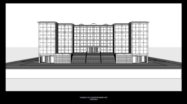 CAD drawing of the MCA's front exterior highlighting the gridlike features of the design.