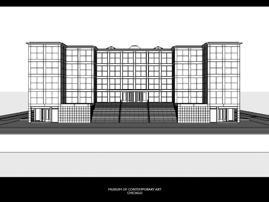 CAD drawing of the MCA's front exterior highlighting the gridlike features of the design.