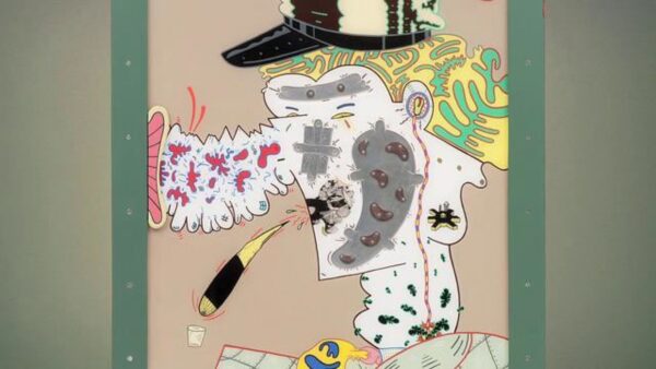 Cartoonish portrait of a person wearing a hat and spitting out a cigar