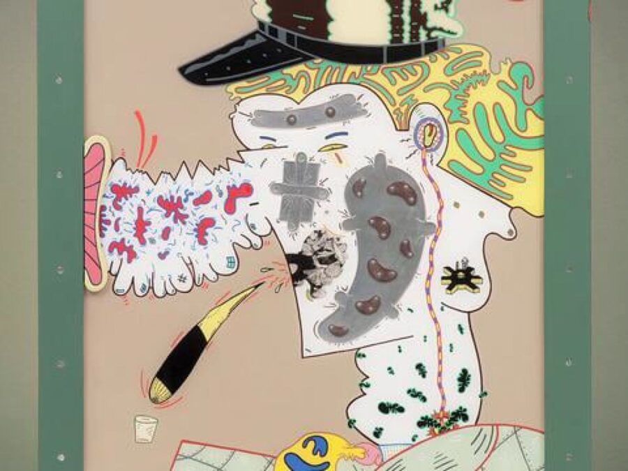 Cartoonish portrait of a person wearing a hat and spitting out a cigar