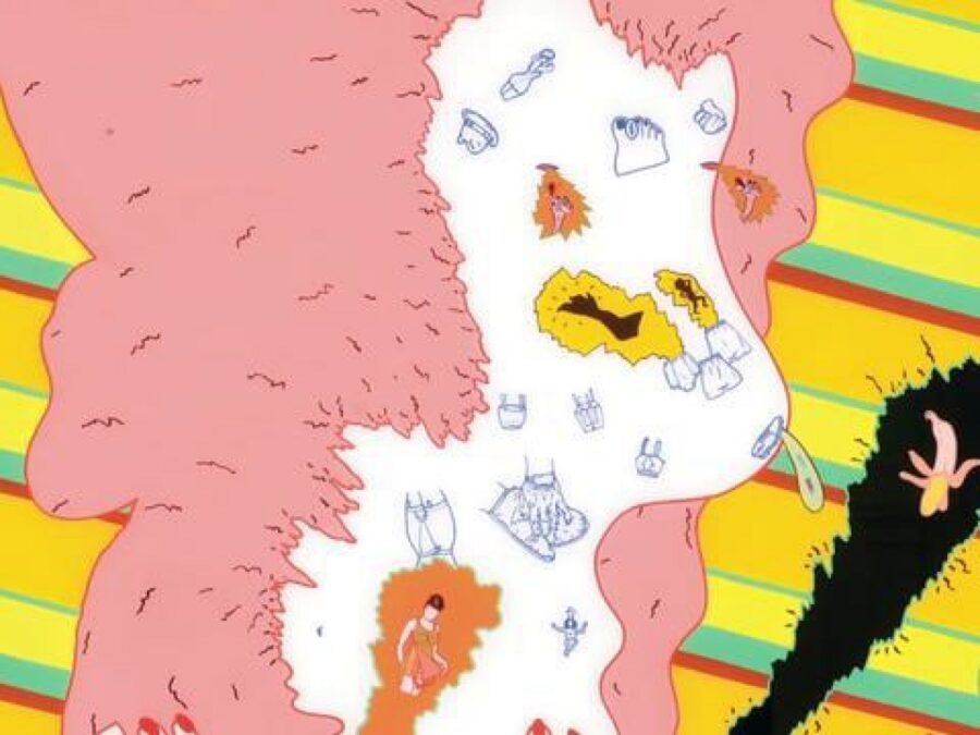 A white form surrounded by fuzzy pink against a background of diagonal pattern of lines starting with a thin band of red, which increases with each color, green, yellow, and ending with a thick band goldenrod, that repeats. The white form has drawings of different things in it.