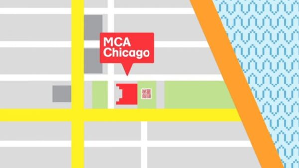 Zoomed in map of Chicago with the MCA’s building filled in with red and a red quote block marking it as the MCA