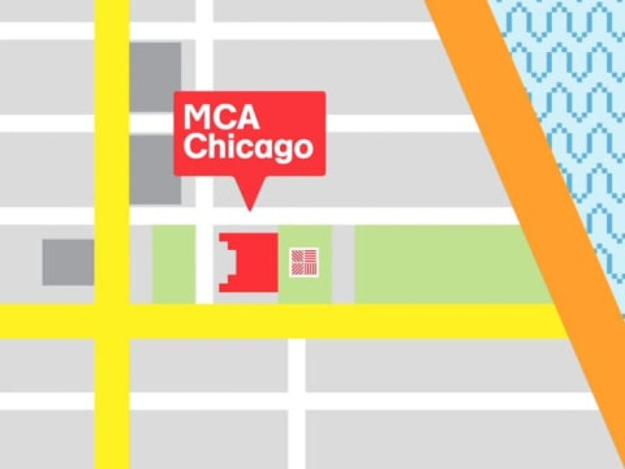 Zoomed in map of Chicago with the MCA’s building filled in with red and a red quote block marking it as the MCA