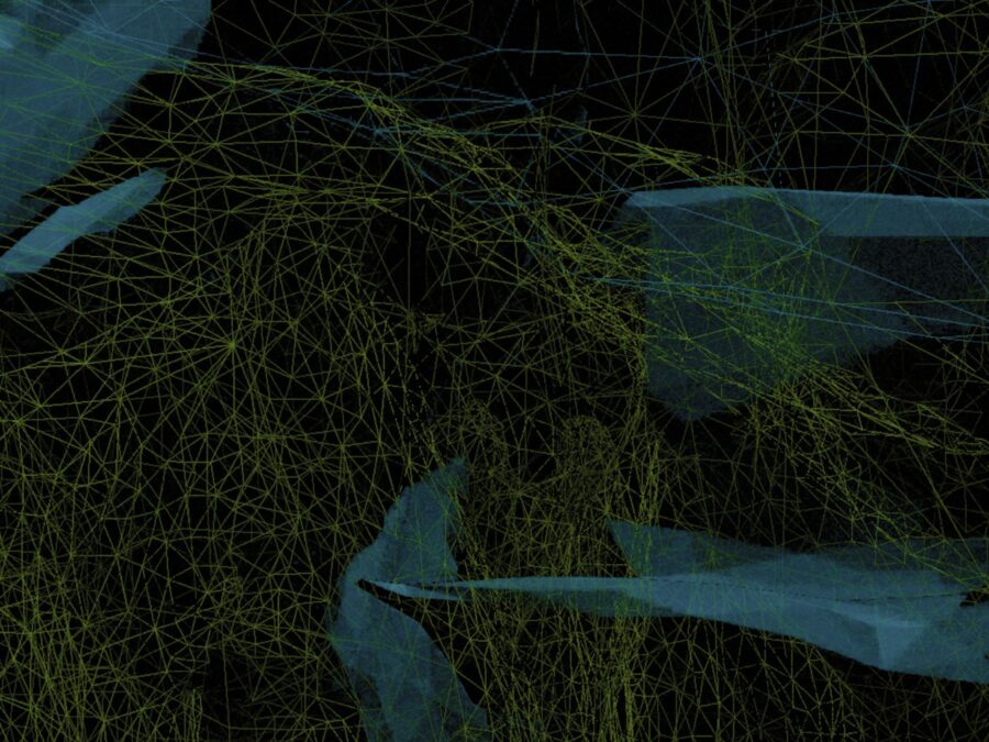 A digitally produced image of a yellow mapping pattern over grey cliff-like objects against a black background