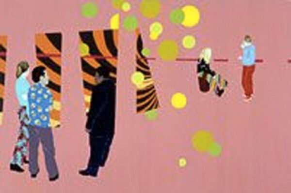 Cutout patterns against a solid pink background depict people at a party