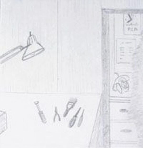 Simple pencil drawing of a desk lamp and tools on a table and a view into a another room through a doorway