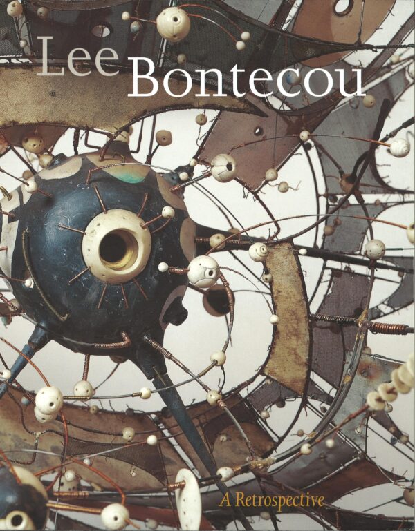 Close up of mechanical parts with grey and pink text reading Lee Bontecou, A Retrospective over it