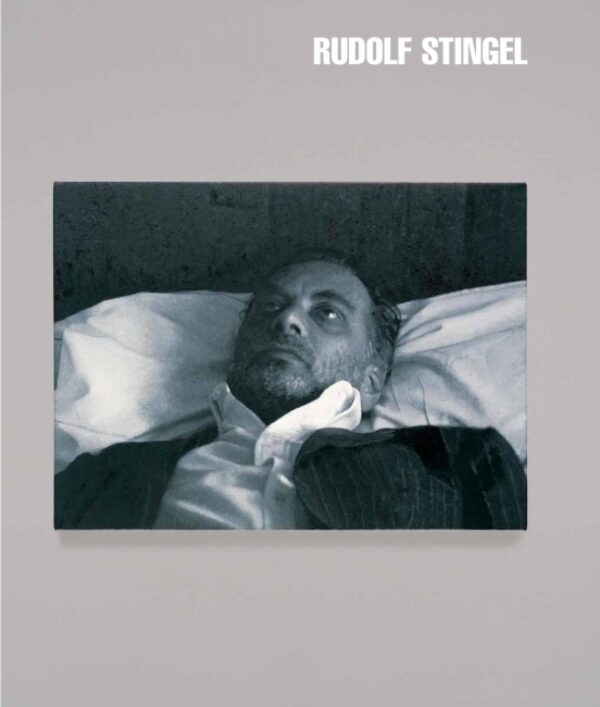 Artwork of a male-presenting person lying with their eyes open on a pillow appears in the middle of a gray background with white text at the top right reading Rudolf Stingel