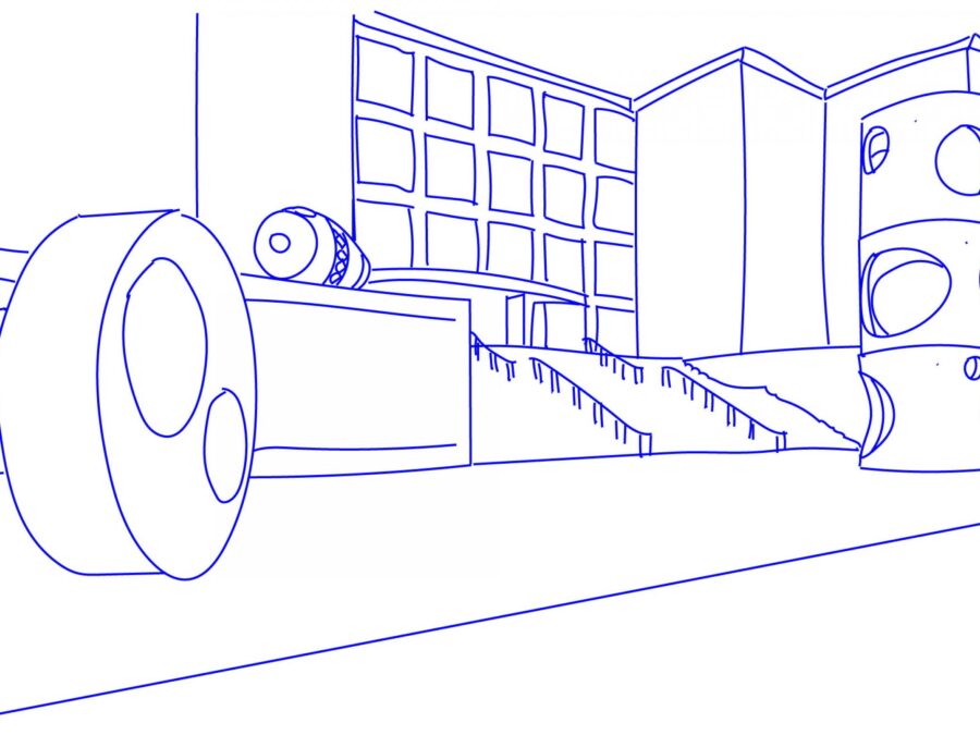 Blue line drawing of the MCA building with two large objects on the front plaza and a concrete mixer on a pedestal near the stairs
