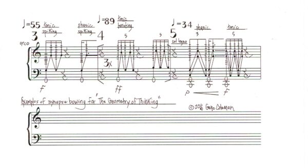 A short score with a note reading Examples of synapse bowing for The Geometry of Thinking. Copyrighted 2016 Gene Colman
