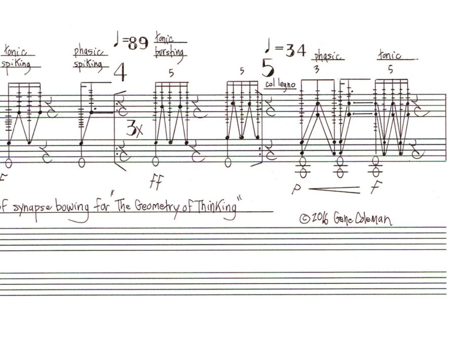 A short score with a note reading Examples of synapse bowing for The Geometry of Thinking. Copyrighted 2016 Gene Colman