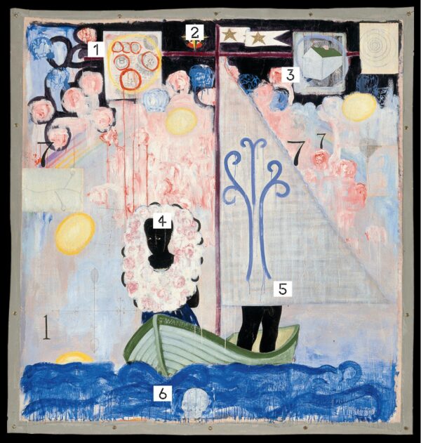 Numbers appear in various areas of a painting of a Black person in a sailboat