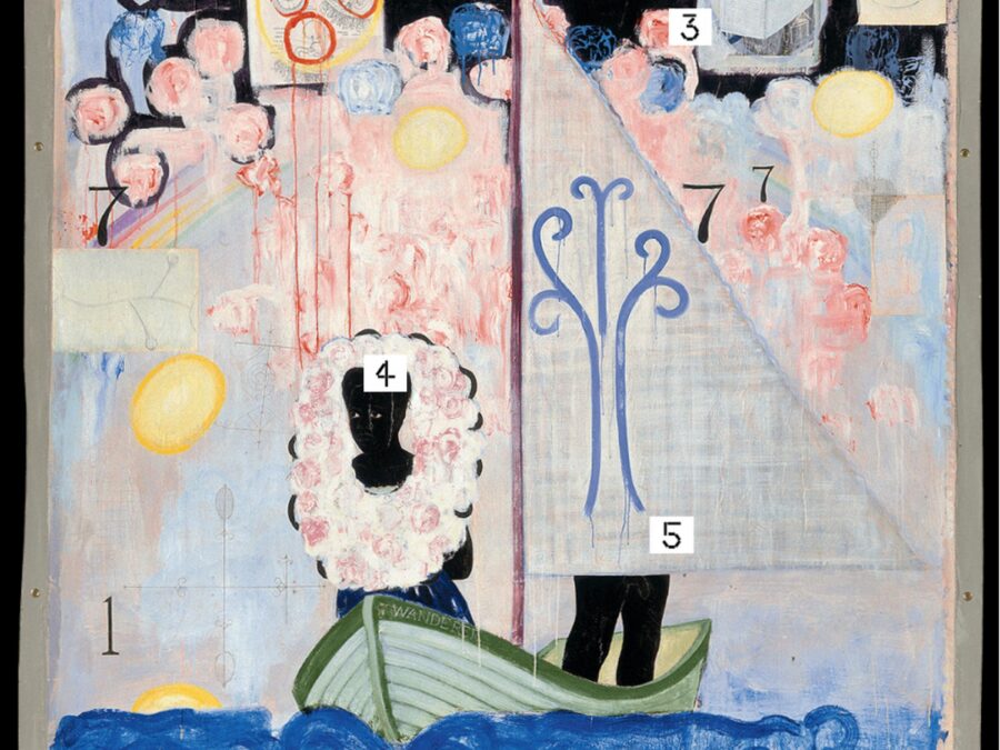 Numbers appear in various areas of a painting of a Black person in a sailboat