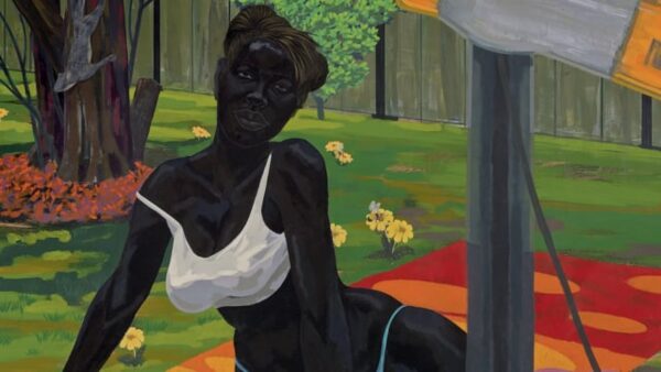 Painting of an ebony-skinned woman sitting on a picnic blanket in a white bikini, her right strap starting to slip off her shoulder.