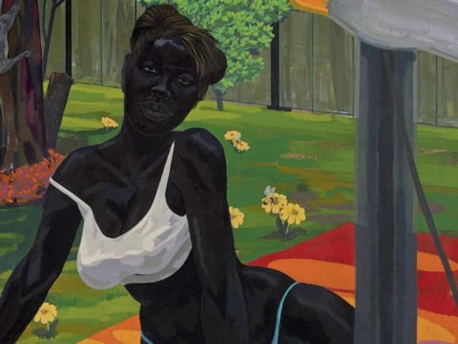 Painting of an ebony-skinned woman sitting on a picnic blanket in a white bikini, her right strap starting to slip off her shoulder.