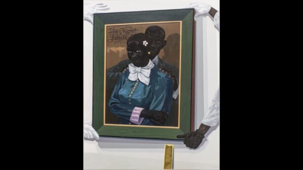 A painting of two hands holding up a painting of a couples' portrait to a wall with the end of a ruler painted on the bottom as a guide