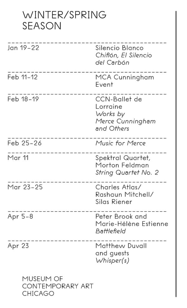 A white page featuring a calendar list of the eight performances happening during the winter-spring season at the Museum of Contemporary Art