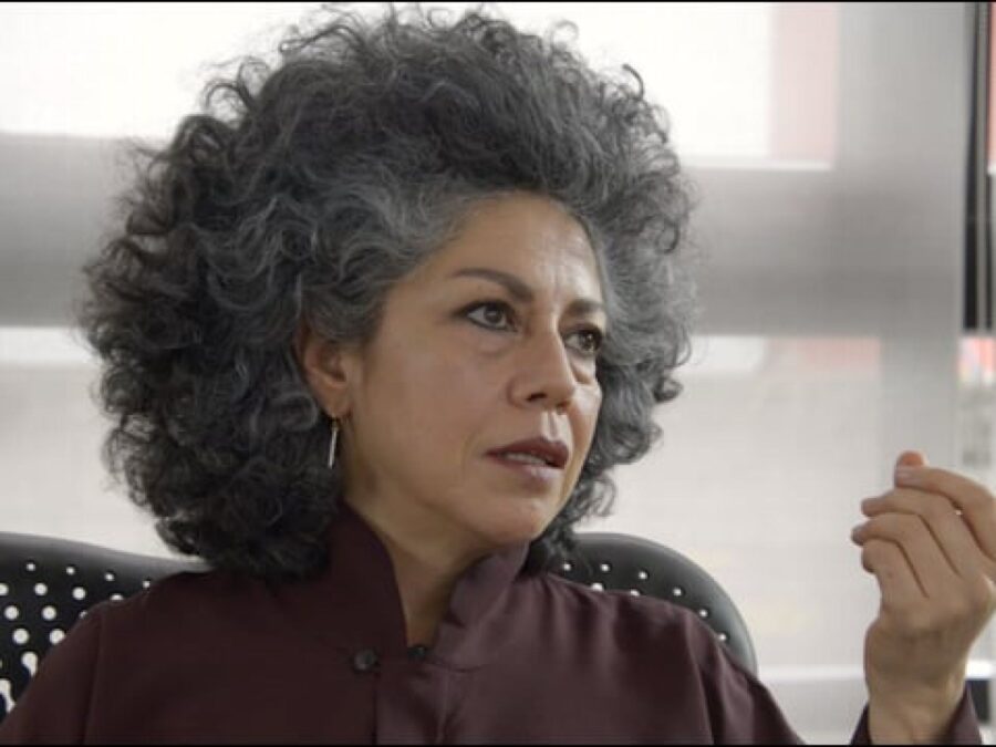 A still of Doris Salcedo, a female presenting person with light brown skin and a salt and pepper afro, speaking.