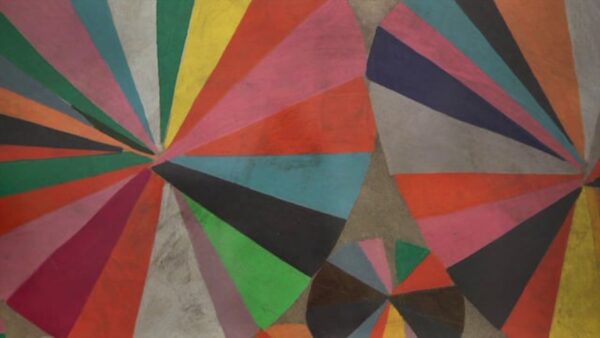 Circles in various sizes each divided into colorful pie shapes in pinks, reds, yellows, blues, greens, and grays