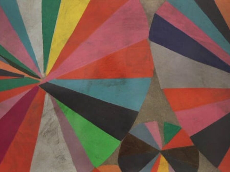 Circles in various sizes each divided into colorful pie shapes in pinks, reds, yellows, blues, greens, and grays