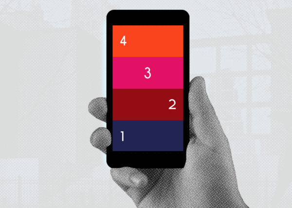 A hand olds a phone with four bars of color from orange to indigo labeled four to one from top to bottom. Word bubbles pop up on either side of it.
