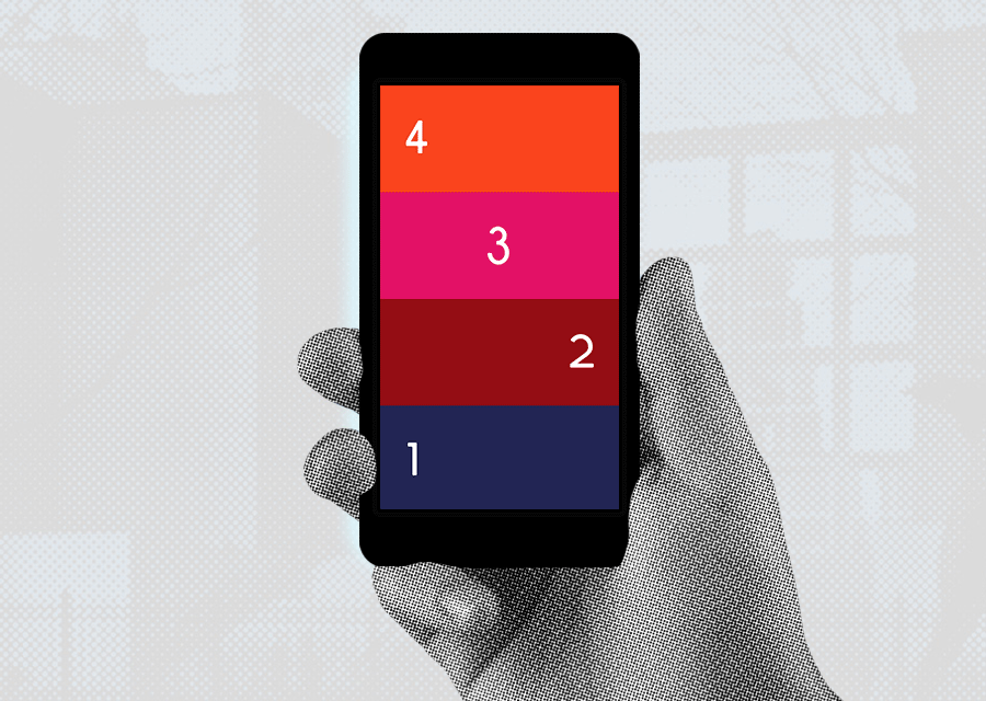 A hand olds a phone with four bars of color from orange to indigo labeled four to one from top to bottom. Word bubbles pop up on either side of it.
