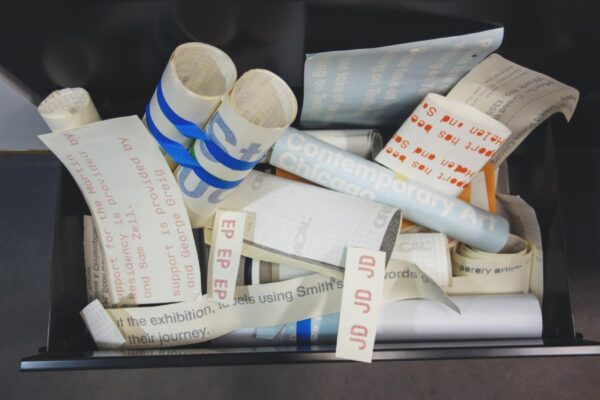 Rolls of vinyl letters in a storage bin