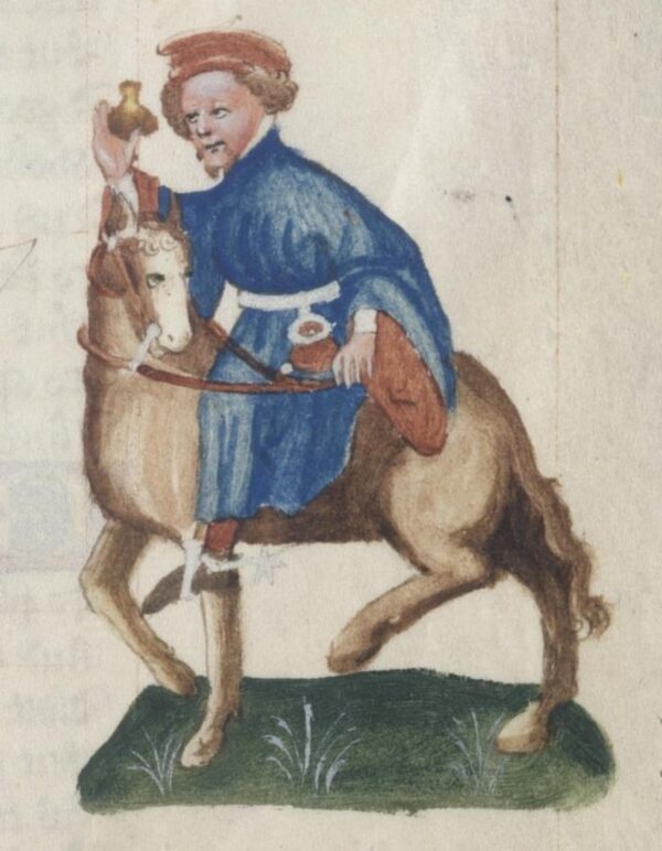 medieval illustration of a well-dressed man riding a small horse