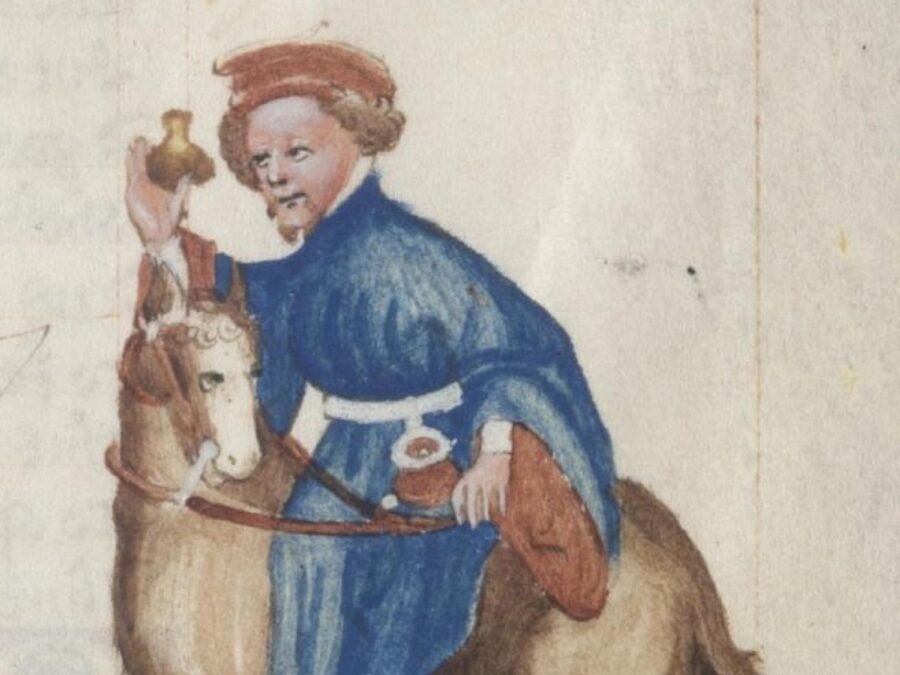 medieval illustration of a well-dressed man riding a small horse