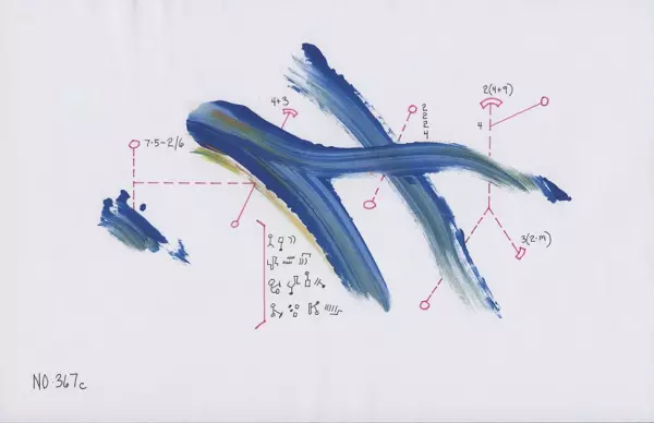 Several blue brushstrokes slightly obscure a diagram with lines to symbols and numbers
