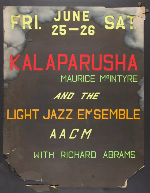 A partially ripped poster advertising a jazz concert featuring Kalaparusha and the Light Jazz Ensemble, AACM, on June 25 and 26