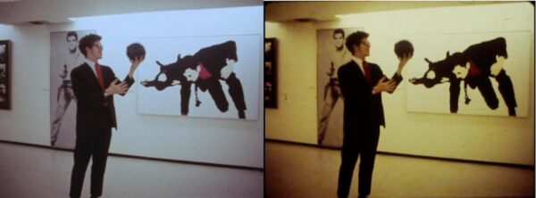 Side by side image of a man standing next to an abstract painting. The image on the right is yellowed.