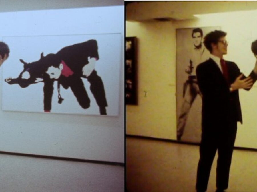 Side by side image of a man standing next to an abstract painting. The image on the right is yellowed.