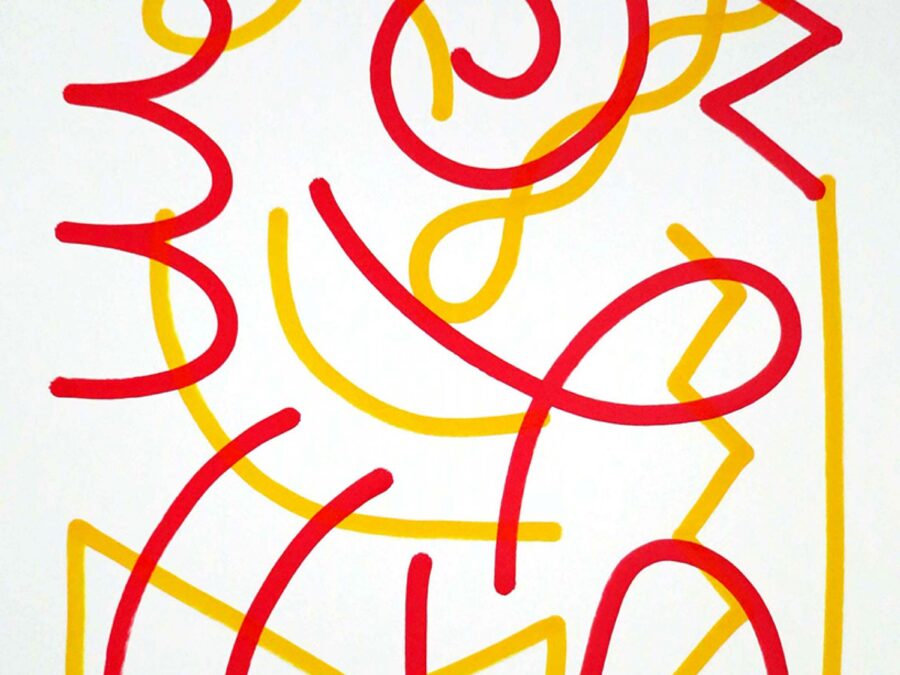 Abstract illustration composed of various red geometric lines that overlap yellow geometric lines