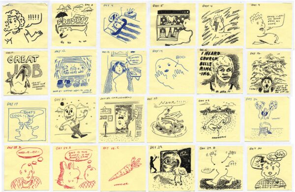 A four by six grid made up of yellow post-it notes with various drawings on them