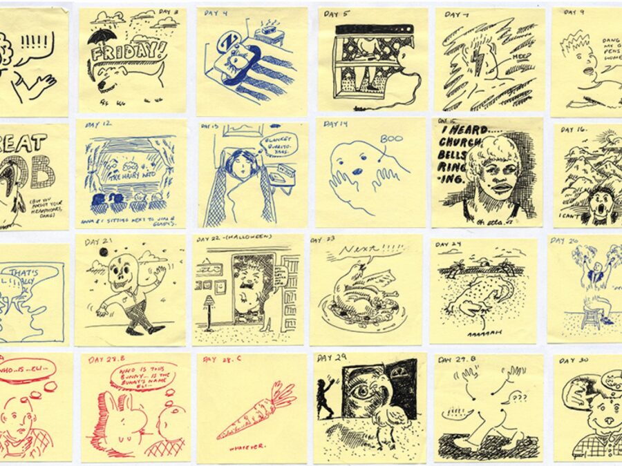 A four by six grid made up of yellow post-it notes with various drawings on them