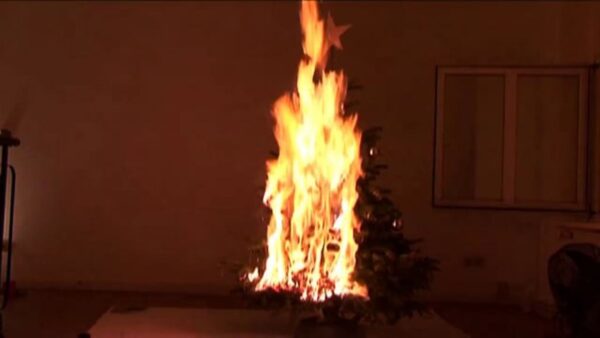 A christmas tree on fire in a dark room