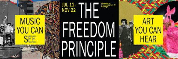 Bold, colorful artworks flank white text in a black square reading The Freedom Principle. The artworks are partially covered by a yellow square with black text that reads Music You can See on the left image, Art you can Hear on the right