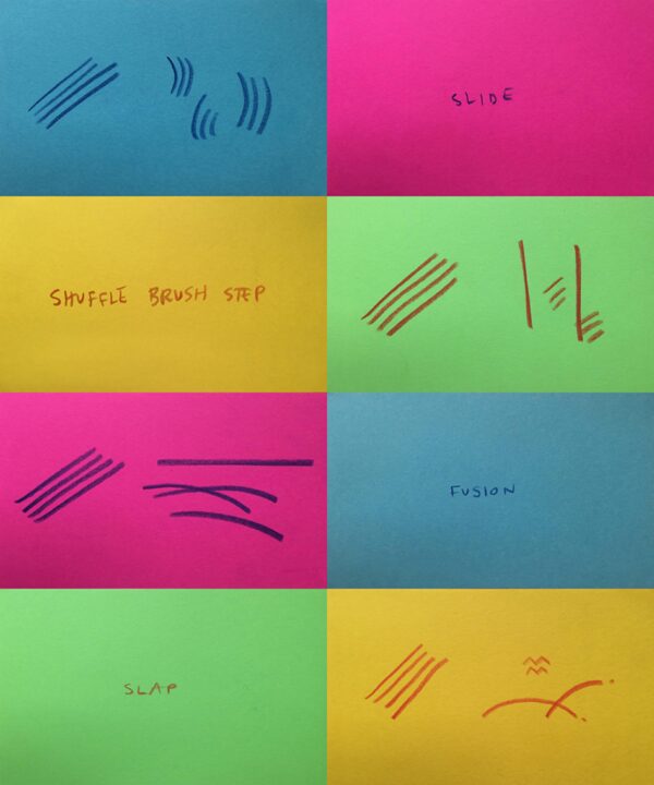 Four rows of two horizontal rectangles in blue, yellow, pink, and green, with drawings on some and instructions on others, including slide, shuffle brush step, fusion, and slap