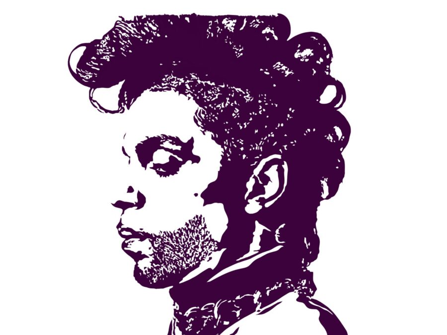 A purple drawing of Prince in profile