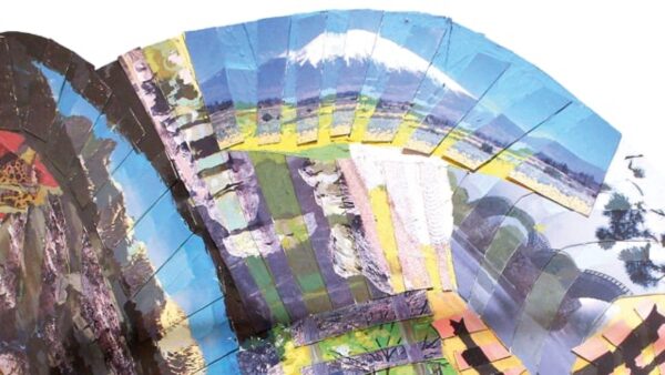 Collage of images that create several different images including a bridge and a snow-capped mountain
